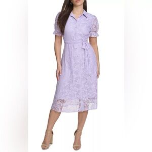 Kensie Floral Lavender Lace Short Sleeve Midi Dress